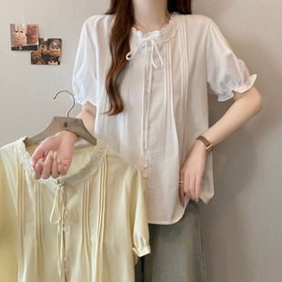 2025 Plus Size Summer New Fat mm Drawstring Splicing Short-Sleeved Cardigan Chiffon Shirt Elegant Shirt Women's Thin Top