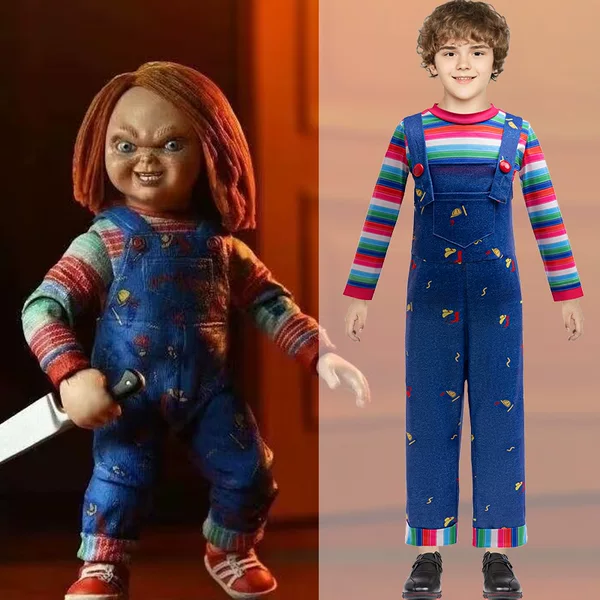 Cross-Border New Product Amazon Role-Playing Ghost Doll Chucky Two-Piece Set Long-Sleeved Boys' Clothing Striped Long-Sleeved Overalls