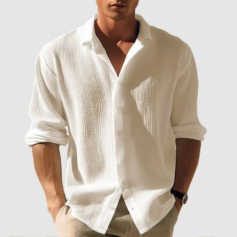2026 Autumn Cross-Border Men's Solid Color Waffle Pattern Long Sleeve Single-Breasted Fashion Casual Shirt Streetwear Cardigan