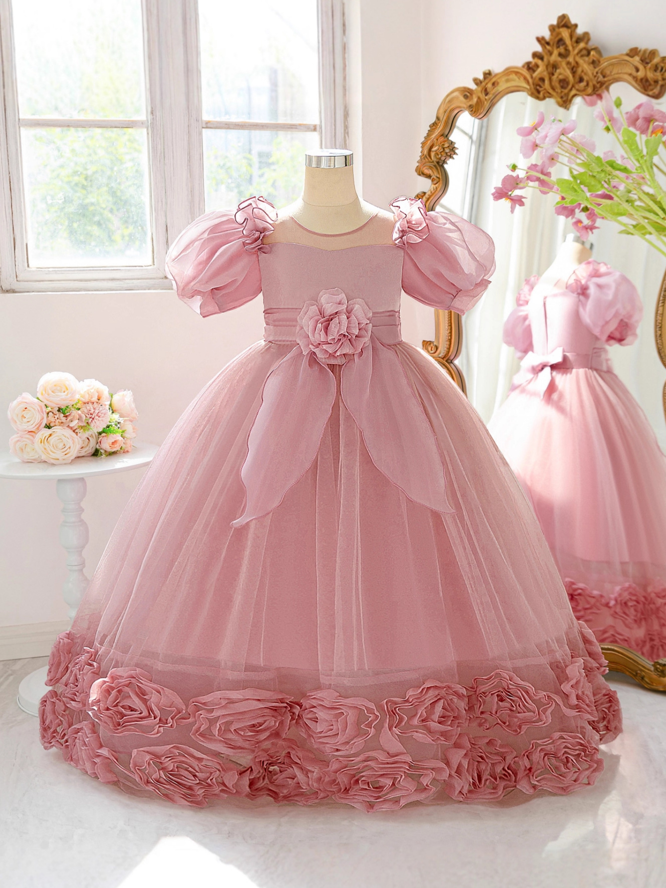Nuevo vestido de bebé vestido de burbuja manga vestido de princesa flor estereoscópico vestido largo vestido de fiesta al por mayor transfronterizo