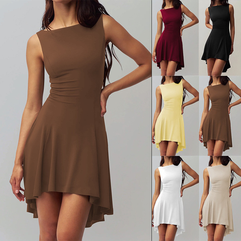 2025 Slim-fit Solid Color dress Women's Wear Sleeveless Waistline Slimming European and American Cross-border Hot Girls Sexy Fashion