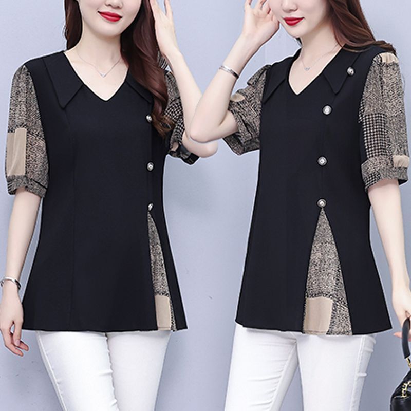 Fat People Loose Belly Covering Doll Collar Printed Short-sleeved Stitching Shirt Summer plus size Elegant Top T-shirt for Women