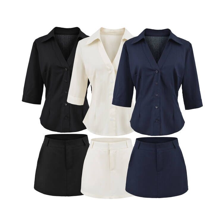 Workplace Fashion: Siren-Style Cotton-Linen Seven-Quarter Sleeve Slim-Fit Collared Shirt and Bodycon Skirt Set for Women