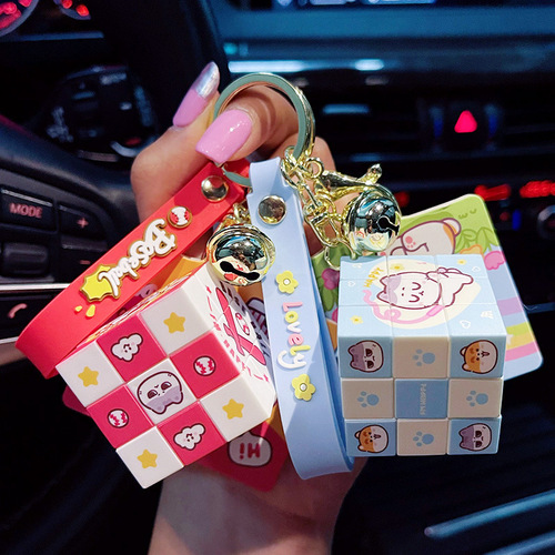 Official Happy Magic Cube Keychain Mini 3-Step Stress-Relief Brain Teaser Car Key Ring Bag Clip School Bag Accessory Wholesale