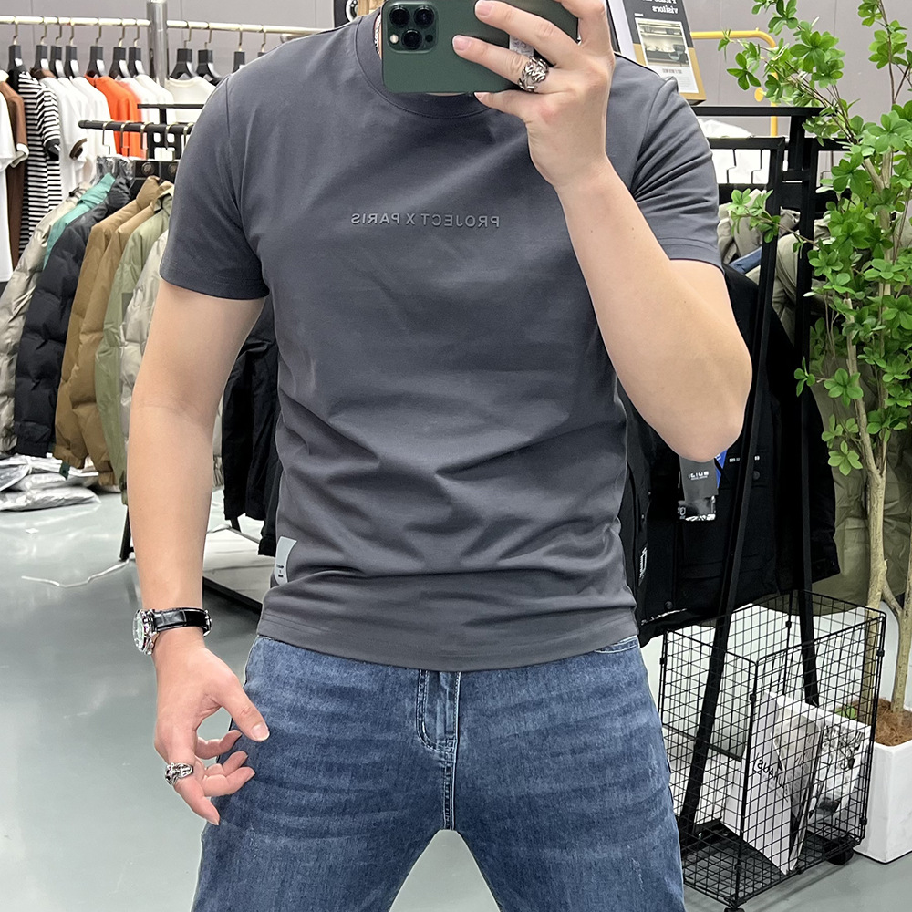 Summer New Letter Simple Short-sleeved T-shirt Men's Top Round Neck Fashion Half-sleeved Silk Cotton Base Shirt Slim-fit