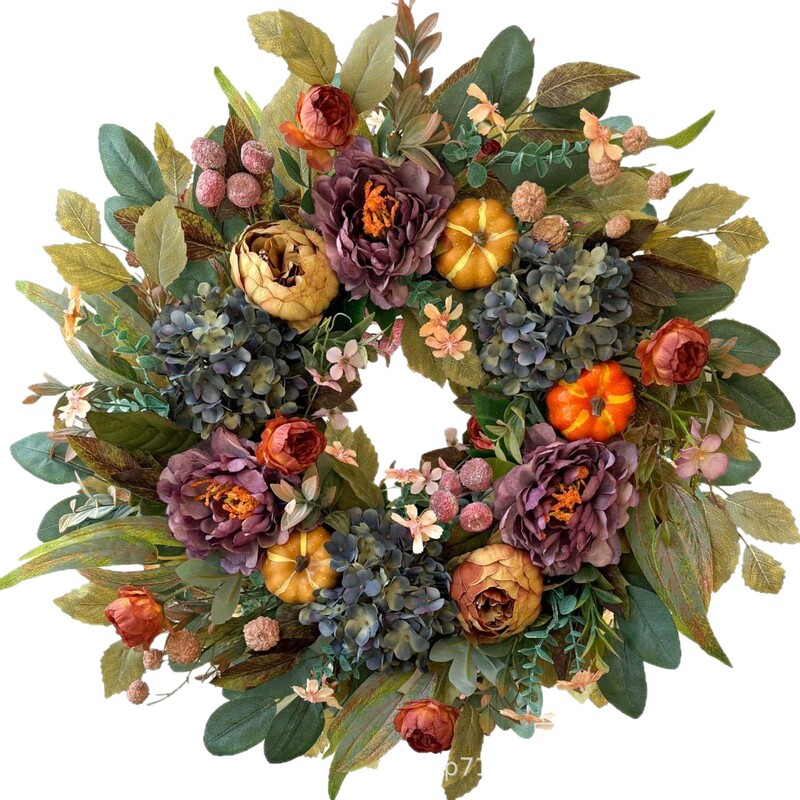 秋季南瓜花环门挂牡丹绣球仿真跨境亚马逊藤圈感恩节Fall Wreaths|undefined