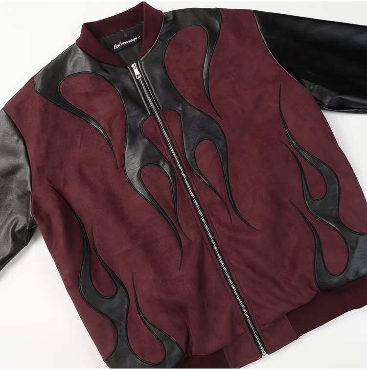 Men's Clothing high street stitching PU leather contrast color pilot jacket retro men and women couple loose casual baseball jacket_voghion.com