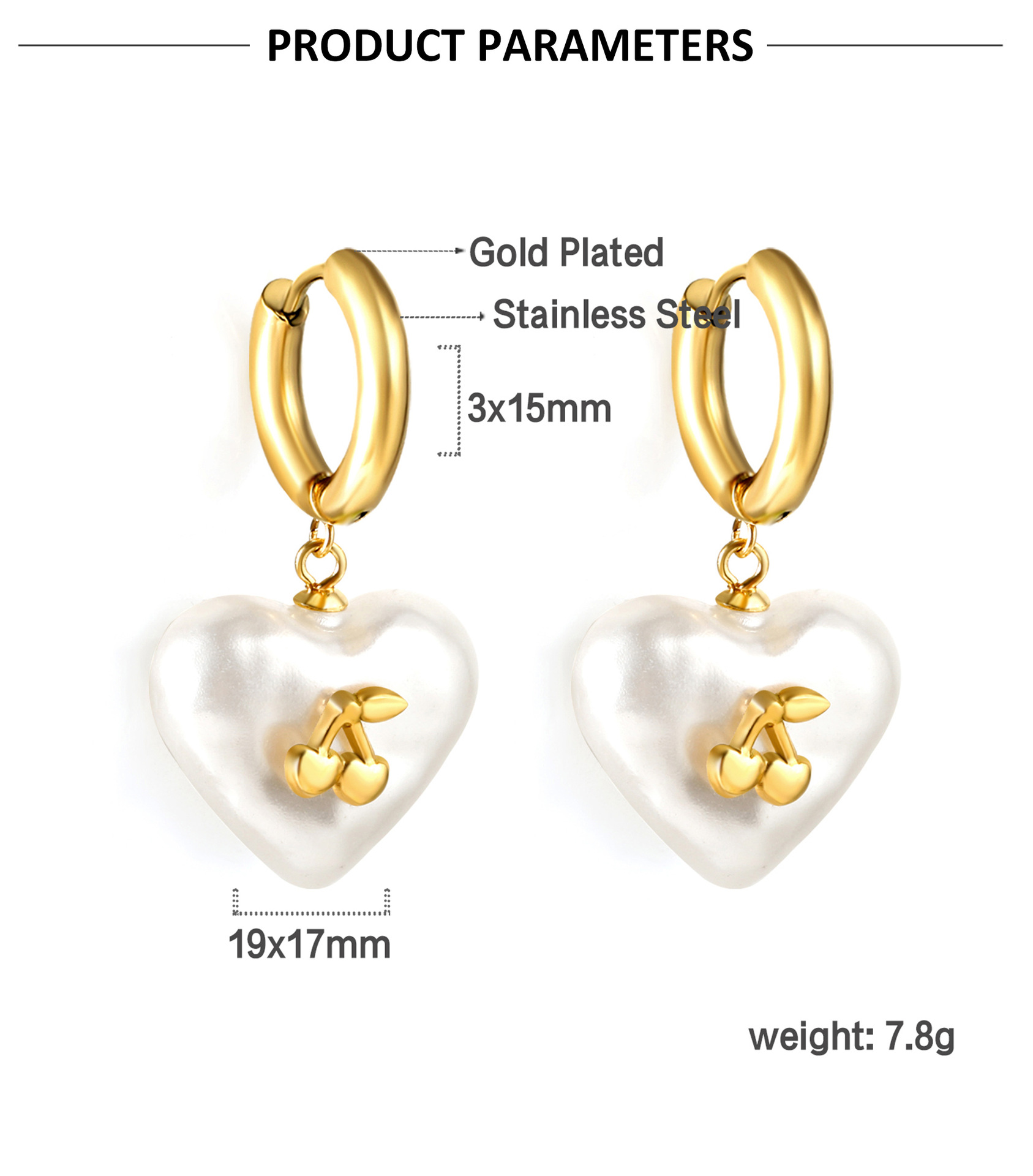 Holiday, Daily Occasion 1 Pair Sweet Simple Style Cherry Heart Shape Cherry Plating 304 Stainless Steel Drop Earrings
