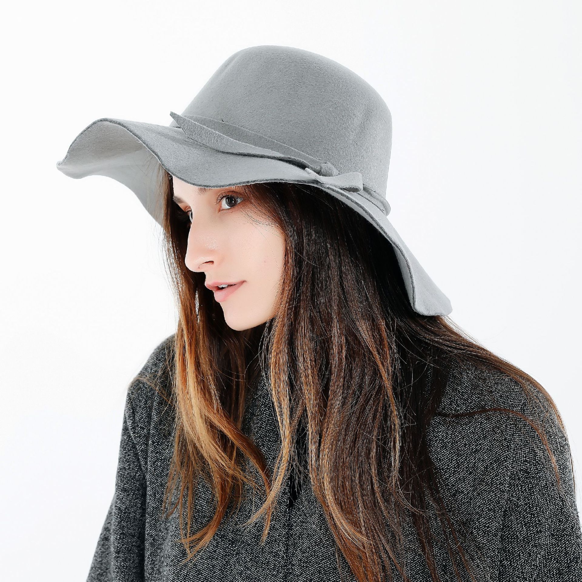 Otoño y el invierno de la moda de Europa y América estilo de la calle de color sólido con cordones de viaje versátil cálido de lana sombrero de ala grande para Las Mujeres Nuevo