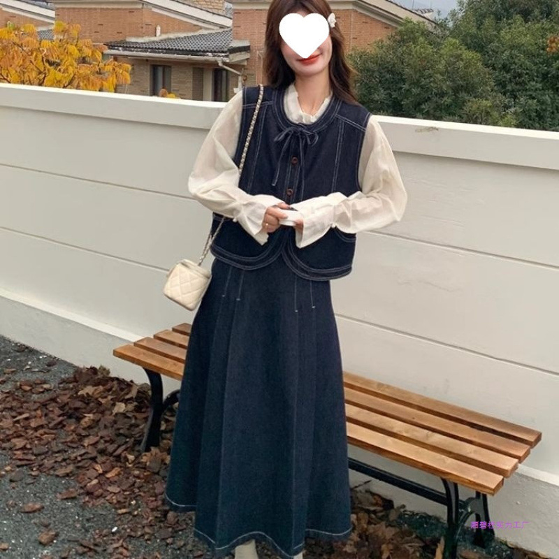 韩系牛仔套装裙女春秋2025新款小个子学院风马甲半身裙两件套韩系|undefined