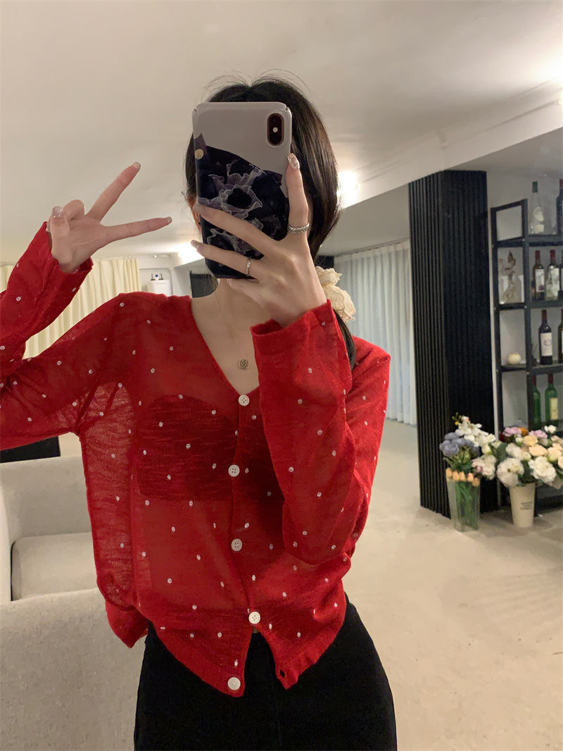 Polka dot knitted cardigan jacket, women's ice silk sunscreen thin style shawl, summer with camisole dress, outerwear_voghion.com