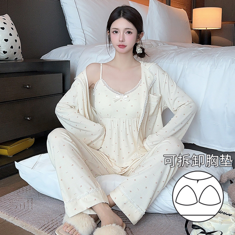 2025秋冬の新型は、取り外し可能な胸パッド付きのパジャマ女性モーダルカジュアルで痩せた家庭服セットの3点セットです。|undefined