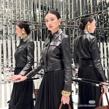 南油女装上衣2025春夏真羊皮衣夹克女翻领收腰修身欧美风辣妹风