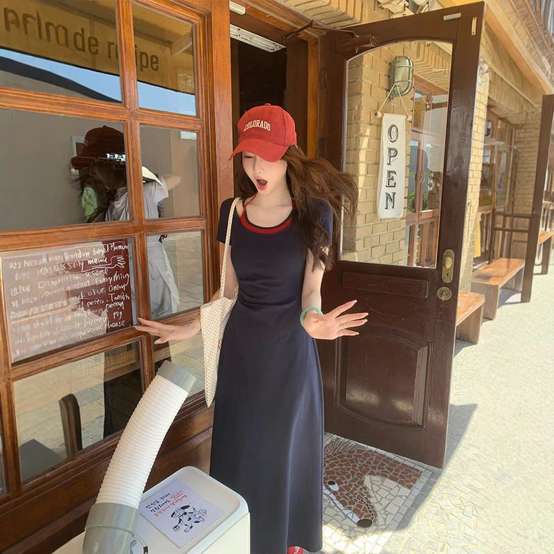 韩系温柔少女气质连衣裙夏季短袖假两件设计感显瘦旅行度假长裙女|undefined