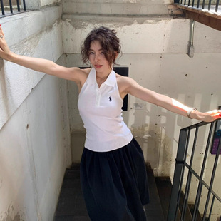Korean Style Sleeveless Knitted Halterneck White Camisole for Women Summer 2025 New Style with Lapel Backless Top for Outer Wear