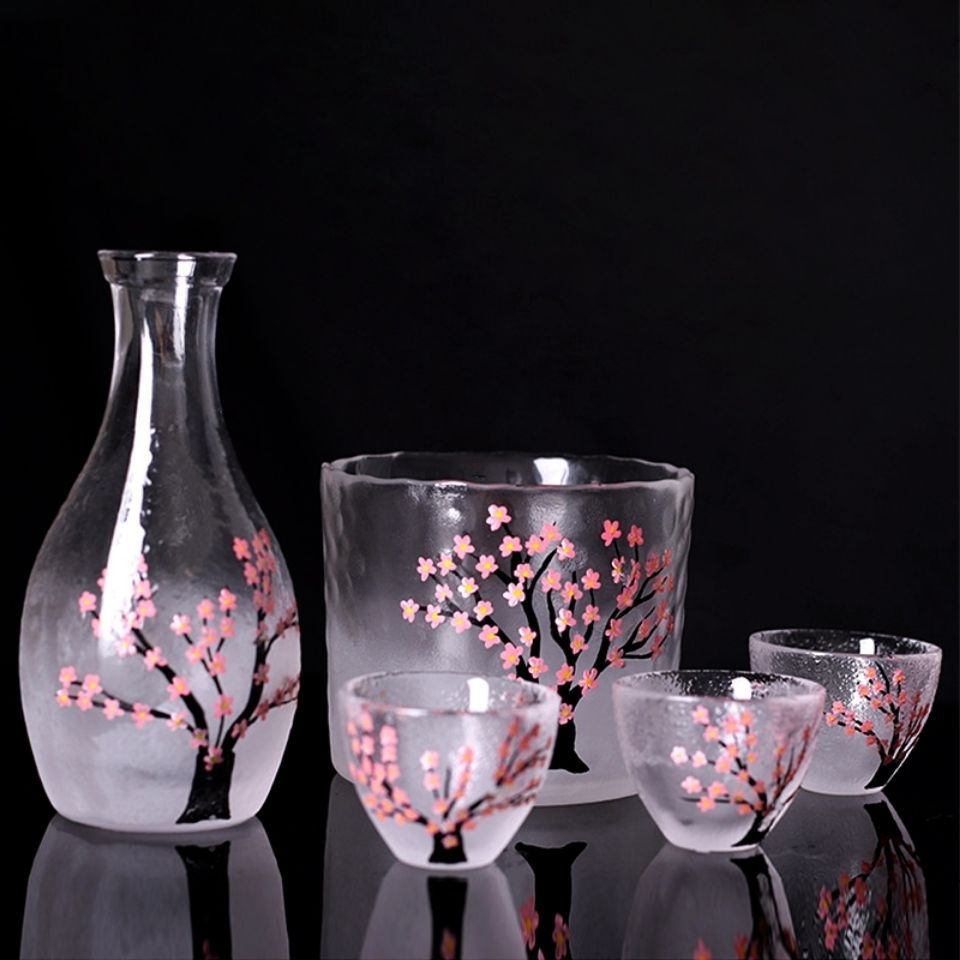 日式玻璃樱花复古酒杯创意锤纹玻璃温酒壶冰酒器白酒具套装批发