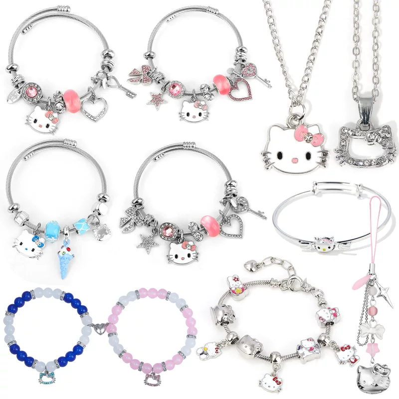 Набор браслета и брелока (Hello Kitty) с подвеской-бантиком, милые мультяшные подвески, assorted colors