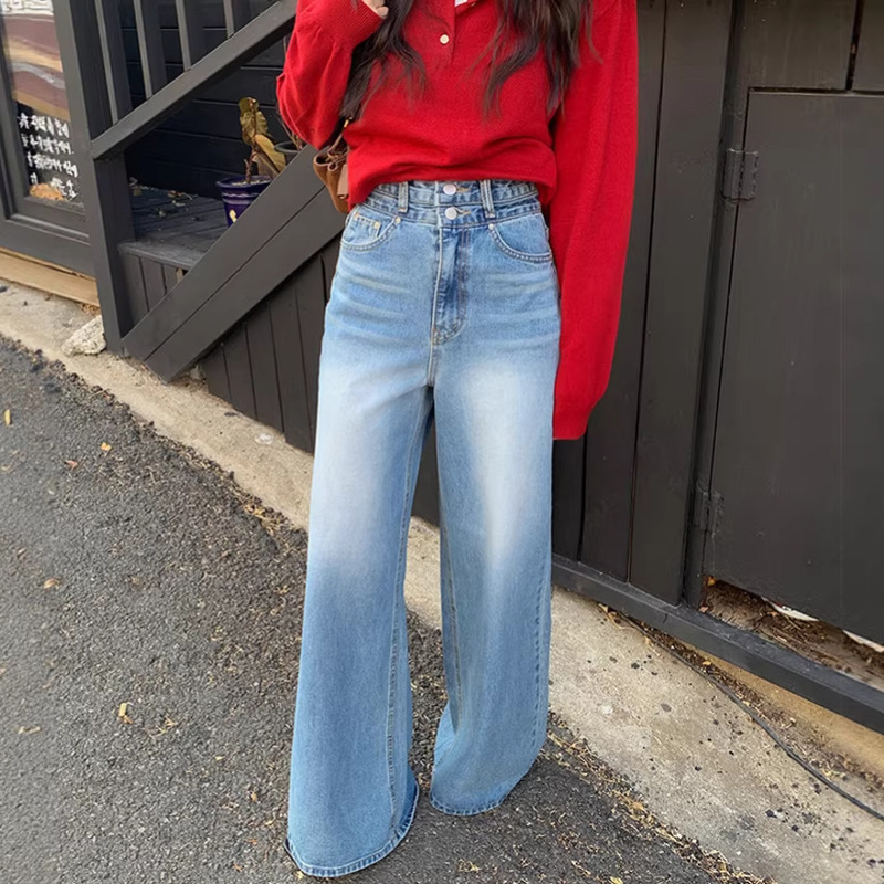 Dongdaemun Ins2026 Spring New Korean Style Niche Washed Retro Faded Two-Button High-Waisted Wide-Leg Jeans
