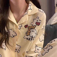 外贸跨境网红直播韩版ins风睡衣女春秋长袖长裤家居服套装可外穿