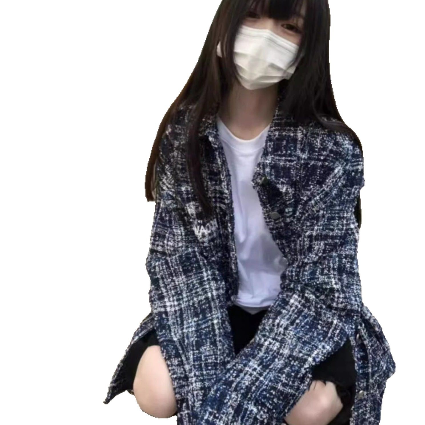 Mz National Tide High Street Bordado pequeño estilo fragante a cuadros diseño de ins Camisa de manga larga para hombres y mujeres