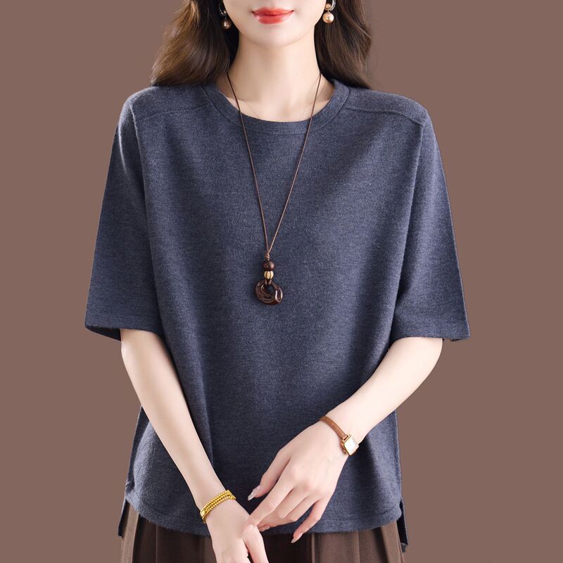 Plus-Size Summer New Style Half-Sleeve Round-Neck Versatile Loose T-Shirt for Moms, Solid Color Thin Top