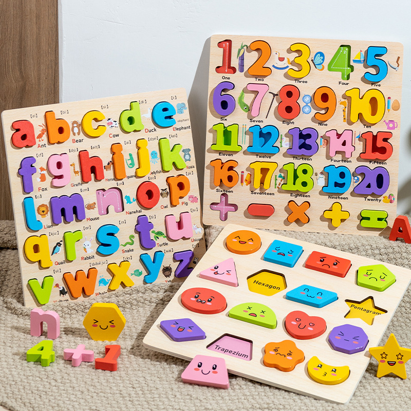 Cross-Border Digital Alphabet Recognition Board Children's Wooden Shape Matching Intelligence Hand-Grab Board Educational Puzzle Toy