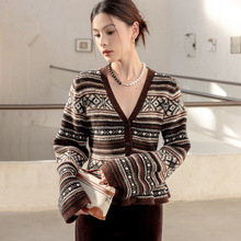 恩迪费尔岛羊毛羊绒毛衣针织衫女2025秋冬复古V领收腰开衫上衣