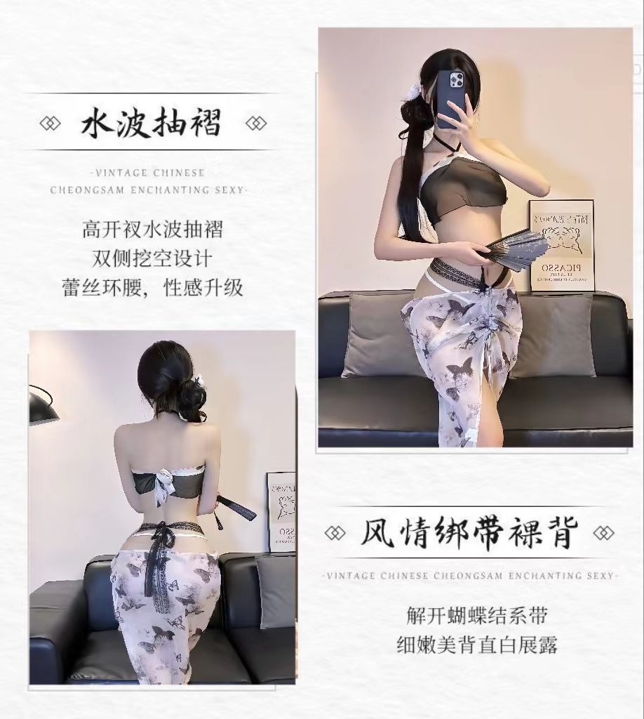 Sexy Cheongsam-Style Lingerie Dress with Butterfly Stockings, Sheer Roleplay Set — detail image 6