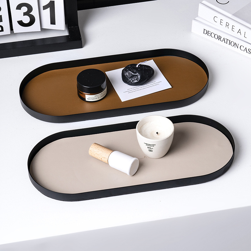 Ornamentación de metal creativa bandeja de decoración de escritorio bandeja de almacenamiento puerta de entrada bandeja de almacenamiento de cuero oblonga