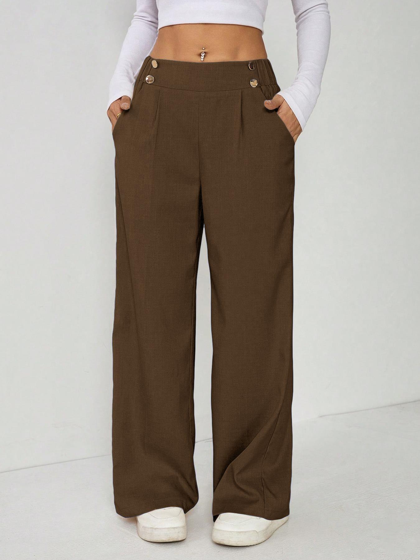 Women's Wide Leg Straight Leg Trousers Casual Fashion European American Style Button Decoration Commuting Pants_ecoleips.com