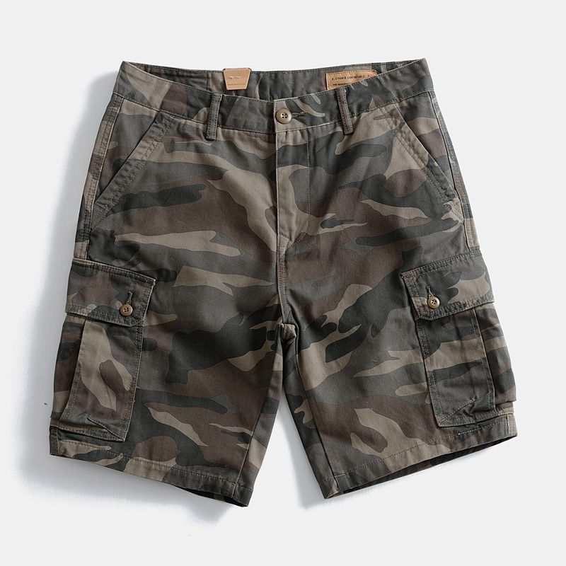 Pantalones de algodón pesado y sueltos americanos de bolsas de trabajo pantalones cortos retro para hombres pantalones casuales de camuflaje rectos