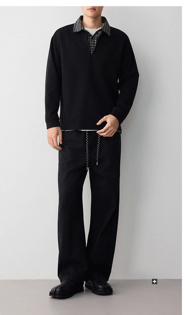Áo hoodie nam nỉ hai lớp cổ lạnh kiểu giả hai lớp — đen chi tiết 12