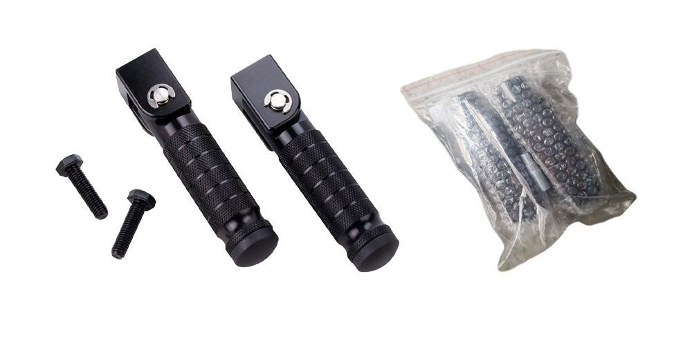 Motorcycle accessories: Aluminum alloy footrests, modified CNC folding footrests, rear footrests, safety guards, and additional foot pegs