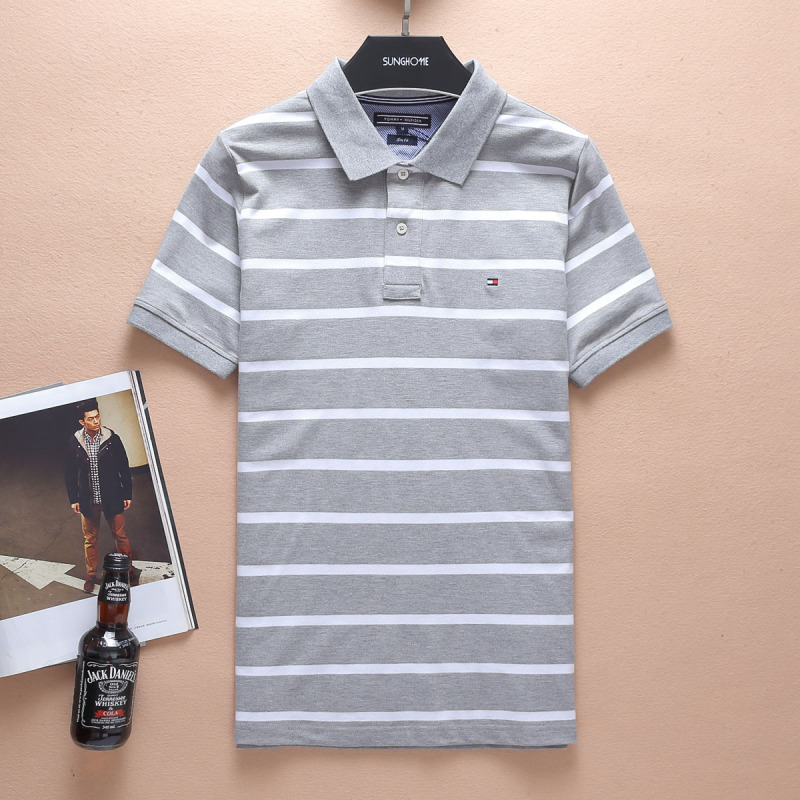 貿易夏 TOMMY トミーストライプ半袖ポロシャツメンズピュアコットンメンズラペル半袖 Tシャツカジュアル|undefined