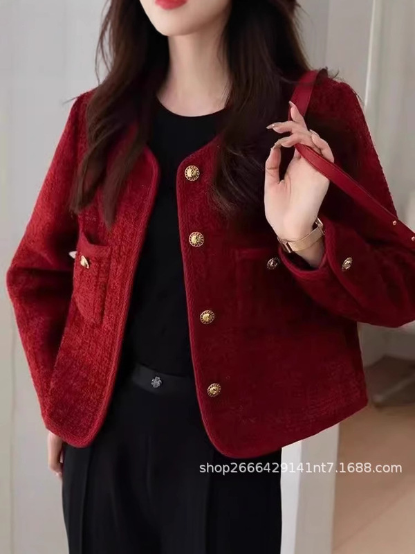 酒红色小香风外套女秋冬高级感小个子法式气质名媛粗花呢上衣毛呢|undefined