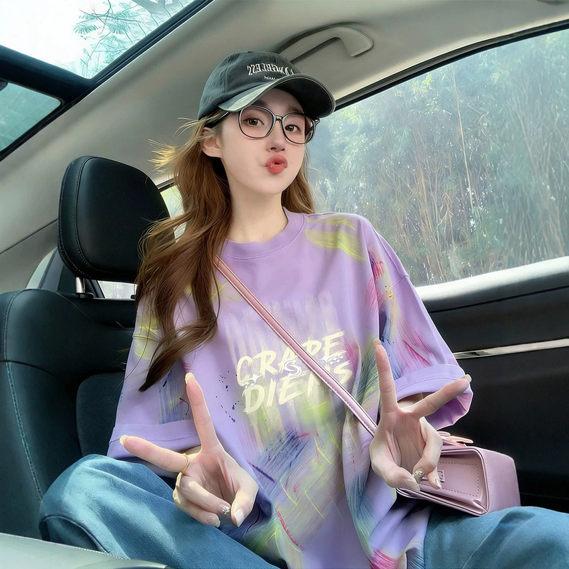 Pure Cotton Retro Tie-Dye Mid-Length Short-Sleeved T-Shirt for Women, Summer New Style, European Style, Stylish Printed Large Loose Top Pure Cotton Retro Tie-Dye Mid-Length Short-Sleeved T-Shirt for Women, Summer New Style, European Style, Stylish Printed Large Loose Top