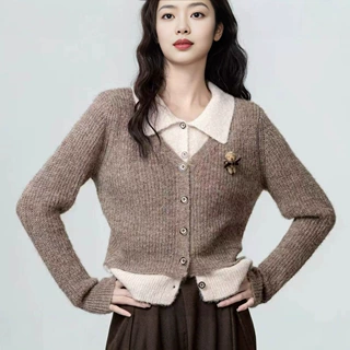 假两件翻领毛衣外套女2024秋冬新款立体小熊宽松显瘦气质针织开衫