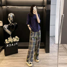 欧货夏季短袖运动套装女2025新款宽松韩版设计感格子裤两件套显瘦