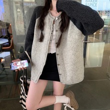 慵懒风灰色长袖开衫毛衣女秋款2025年新款拼接撞色针织衫上衣外套