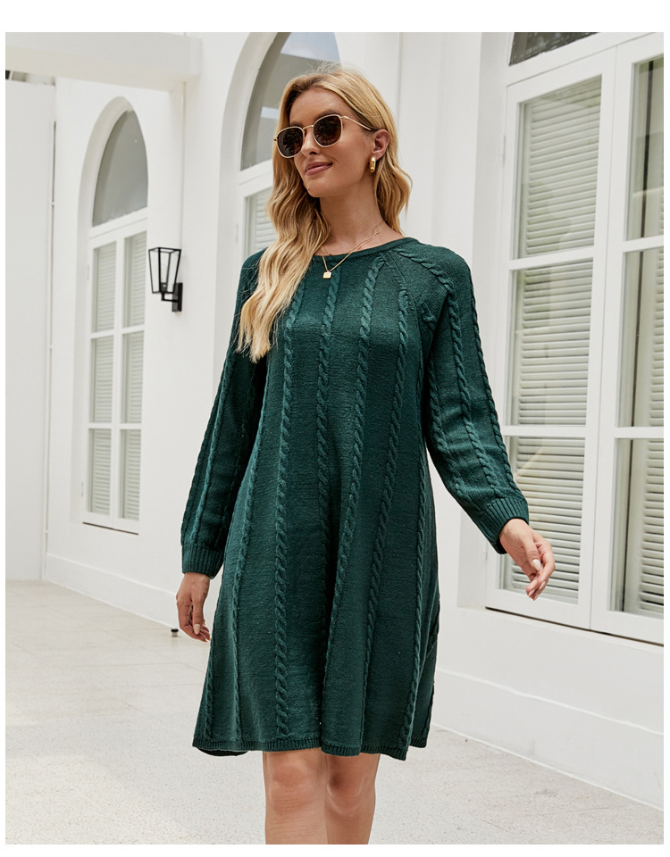 Fall Winter Solid Color Long Sweater Dress round Neck Twisted Loose A line Knitted Dress