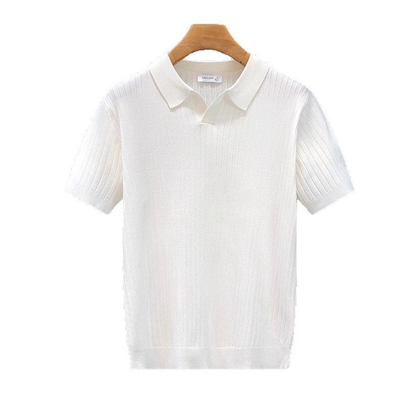 Herren-Poloshirt, gestreift, aus Eisseide, gestrickt, Kurzarm, Umlegekragen, V-Ausschnitt, Möwenkragen, klassischer Stil, atmungsaktiv_voghion.com