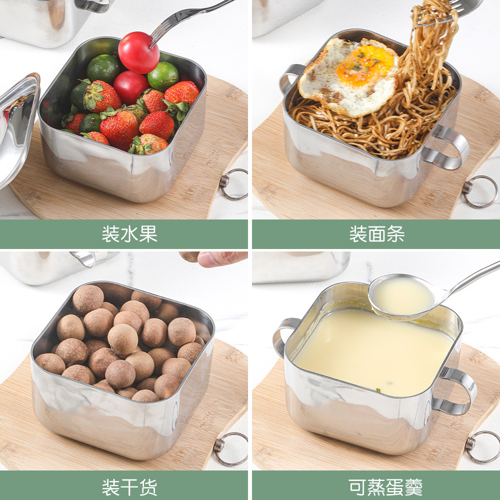 Caja de almuerzo cuadrada de fabricación personalizada 304 tazón de acero inoxidable de doble oreja general tazón de fideos con cubierta tazón de preservación extra grueso