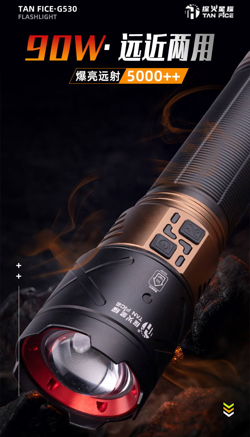 Aluminum alloy flashlight with white laser, long battery life, large lithium battery, telescopic zoom, strong light, suitable for outdoor camping and home use