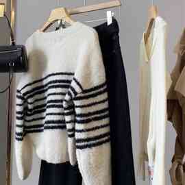 走瑞典!羊毛混纺经典秋冬保暖条纹宽松百搭针织毛衣女图片色