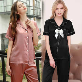 仿真丝短袖少女睡衣套装 丝绸春夏长裤翻领家居服 跨境厂家直供