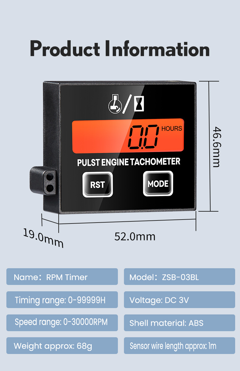 Inductive Digital Tachometer for 2/4-Stroke Engines, Universal for Lawn Mowers and Chainsaws, with an Accumulative Timer