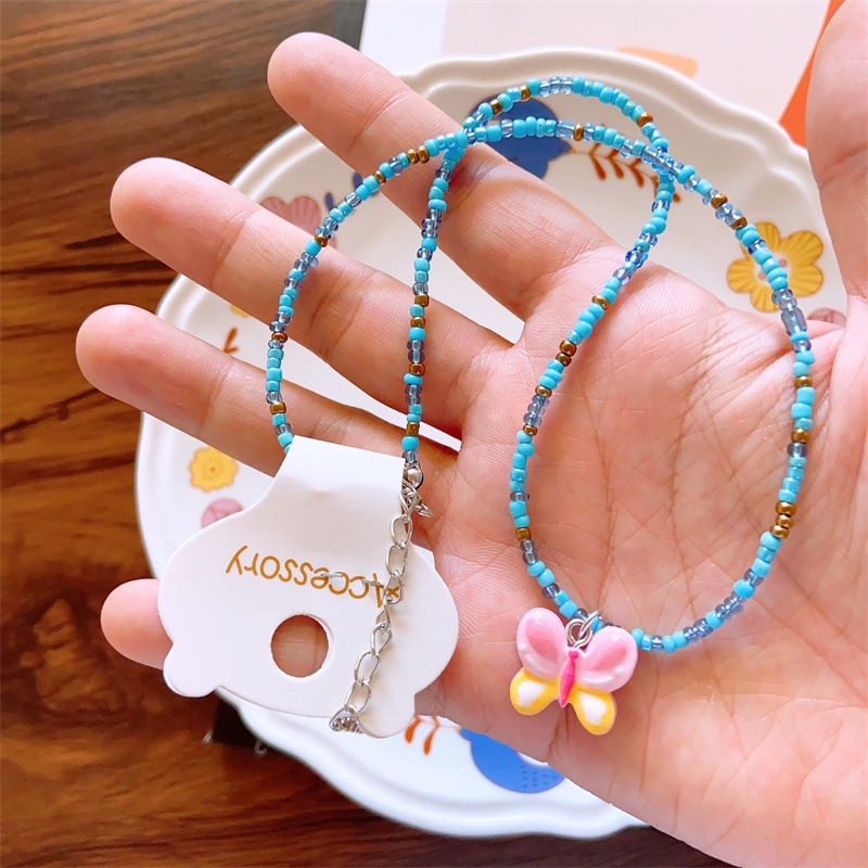 Beaded Design Cute Heart Shaped Butterfly Resin Beaded Pendant Necklace
