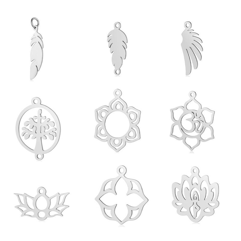 5Pcs/Pack Feather Wings Titanium Steel Pendant Tree of Life Lotus Yoga DIY Stainless Steel Bracelet Feather Element