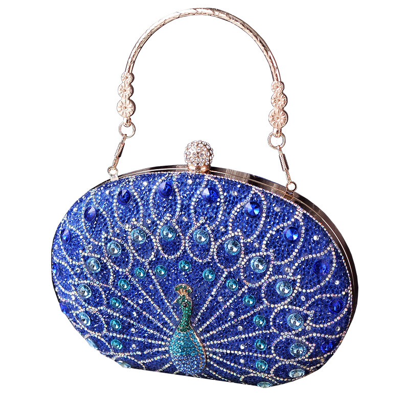 Nuevo bolso de cena de pavo real con incrustaciones de diamantes Bolso de fiesta de estilo retro europeo y americano transfronterizo Bolso de vestido negro de alta gama Ventas directas de fábrica