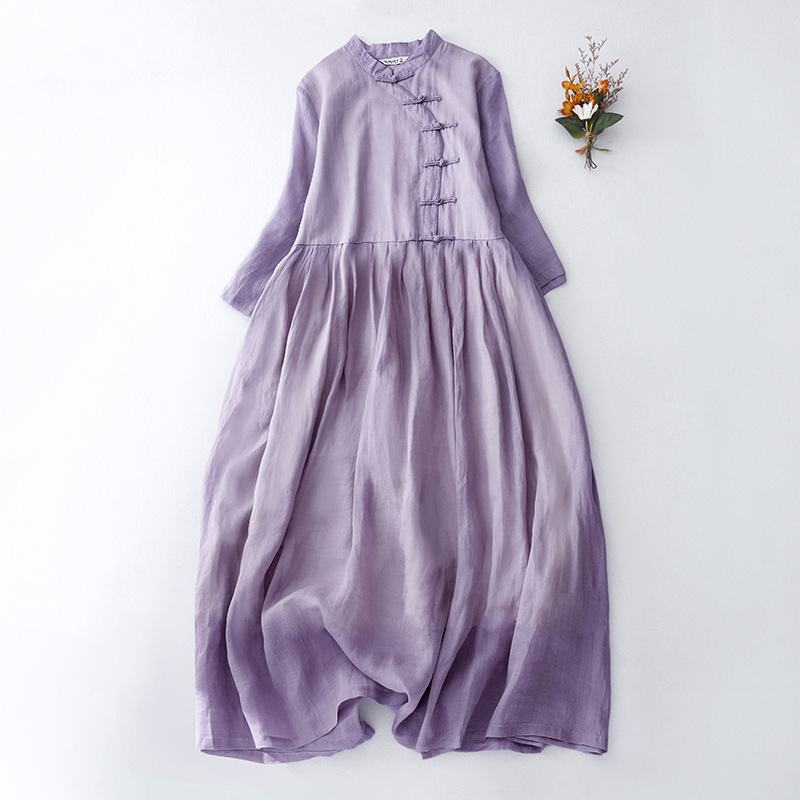 Dress Summer Elegant Small Collar Seven-point Sleeve Retro Buckle Solid Color Elegant Beautiful Long Dress